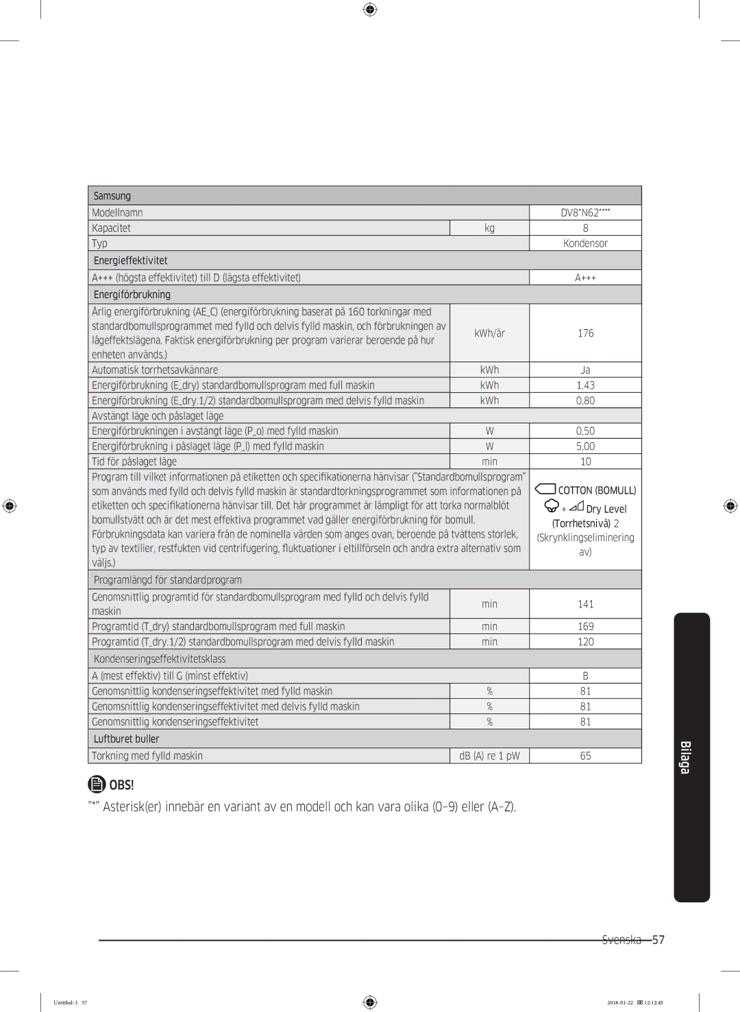 Samsung DV90N62632W/EE manual Svenska 57  